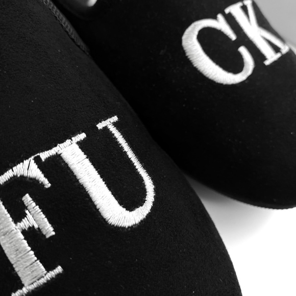 YRU F*€K you lavish demonia flat slip on suede black shoes size 9/39 - Picture 7 of 8